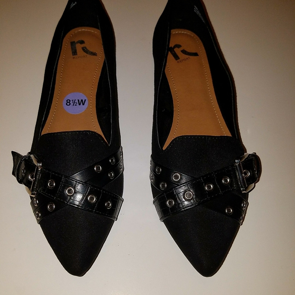 Report flats, blk, 8.5W, accent leather like belt